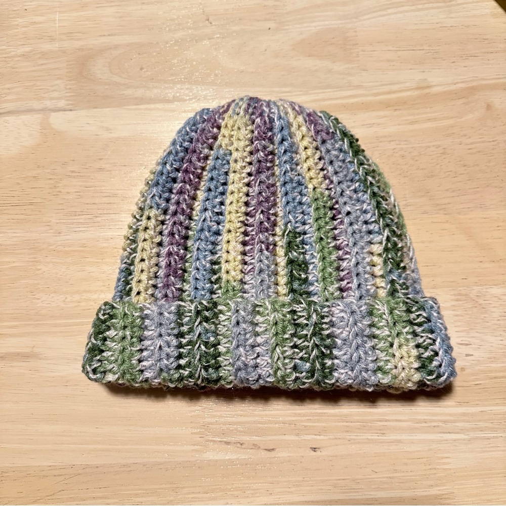 New Handmade Crochet Rib Beanie Fold over Hat Green Yellow Blue Purple Speckled - Picture 3 of 10